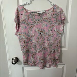 Cynthia Rowley Linen pink bird  Blouse cap sleeve‎
